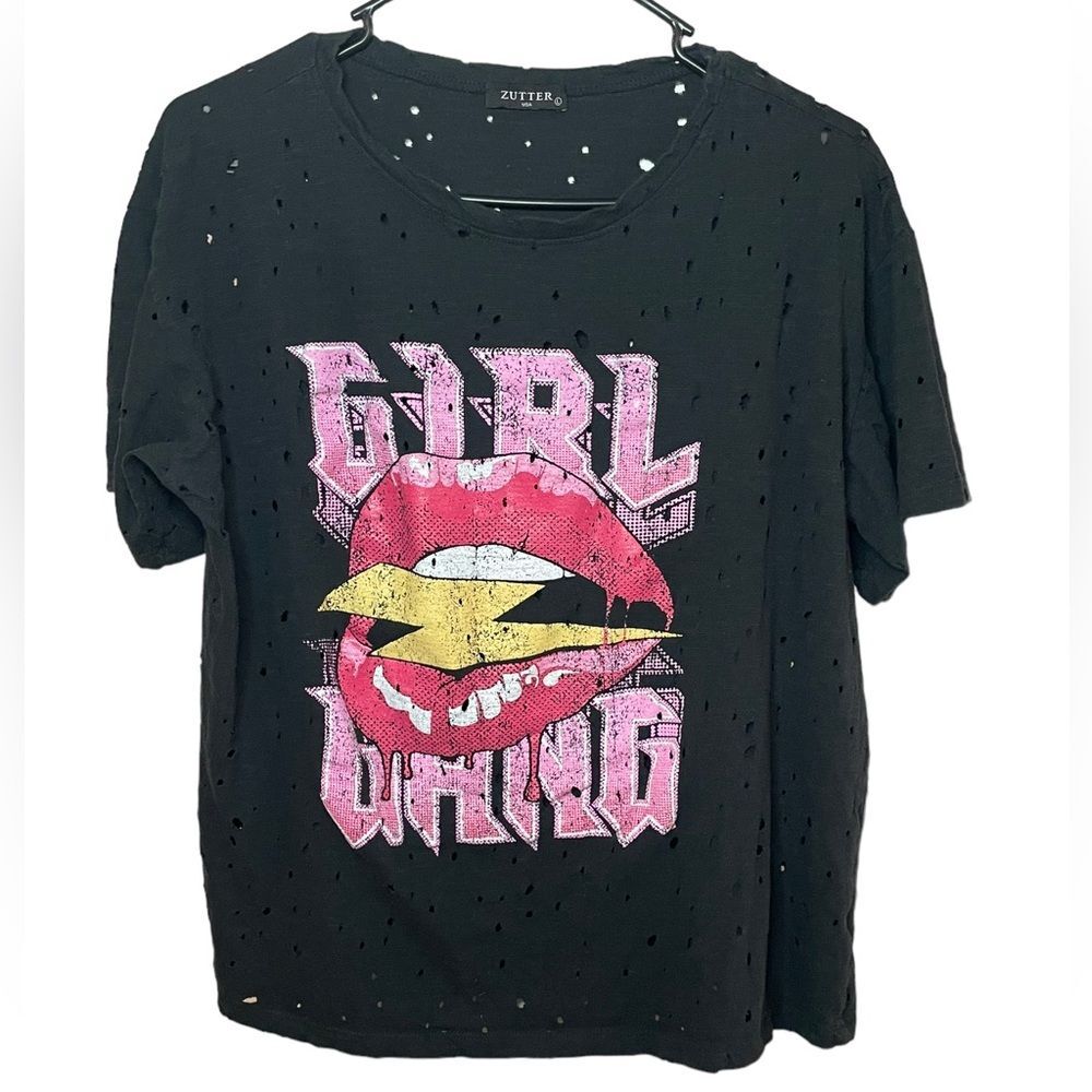 Zutter Girl Gang Shirt Short Sleeve Graphic Black Shirt Size Large EUC